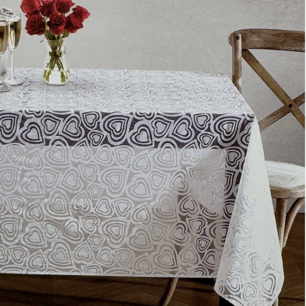 Envogue White Sheer Hearts Cloth Tablecloth 58x84 Valentine's Day Collection